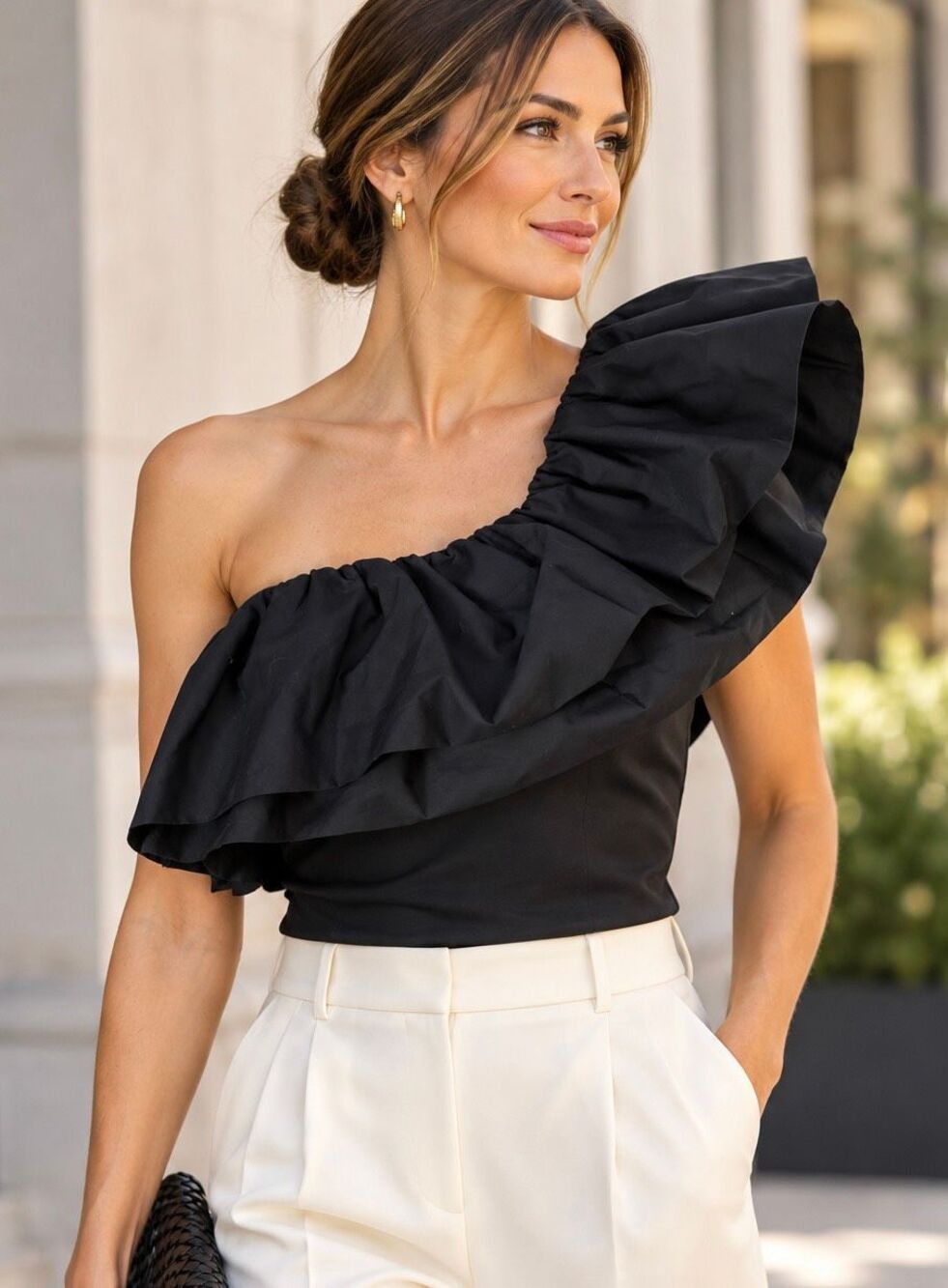 NWT Anthropologie Sunday in Brooklyn One Shoulder Ruffle Top Black XL